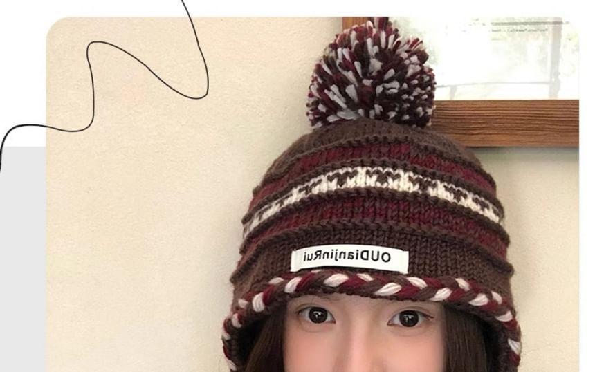 Lettering Applique Pom Pom Knit Beanie Product Image