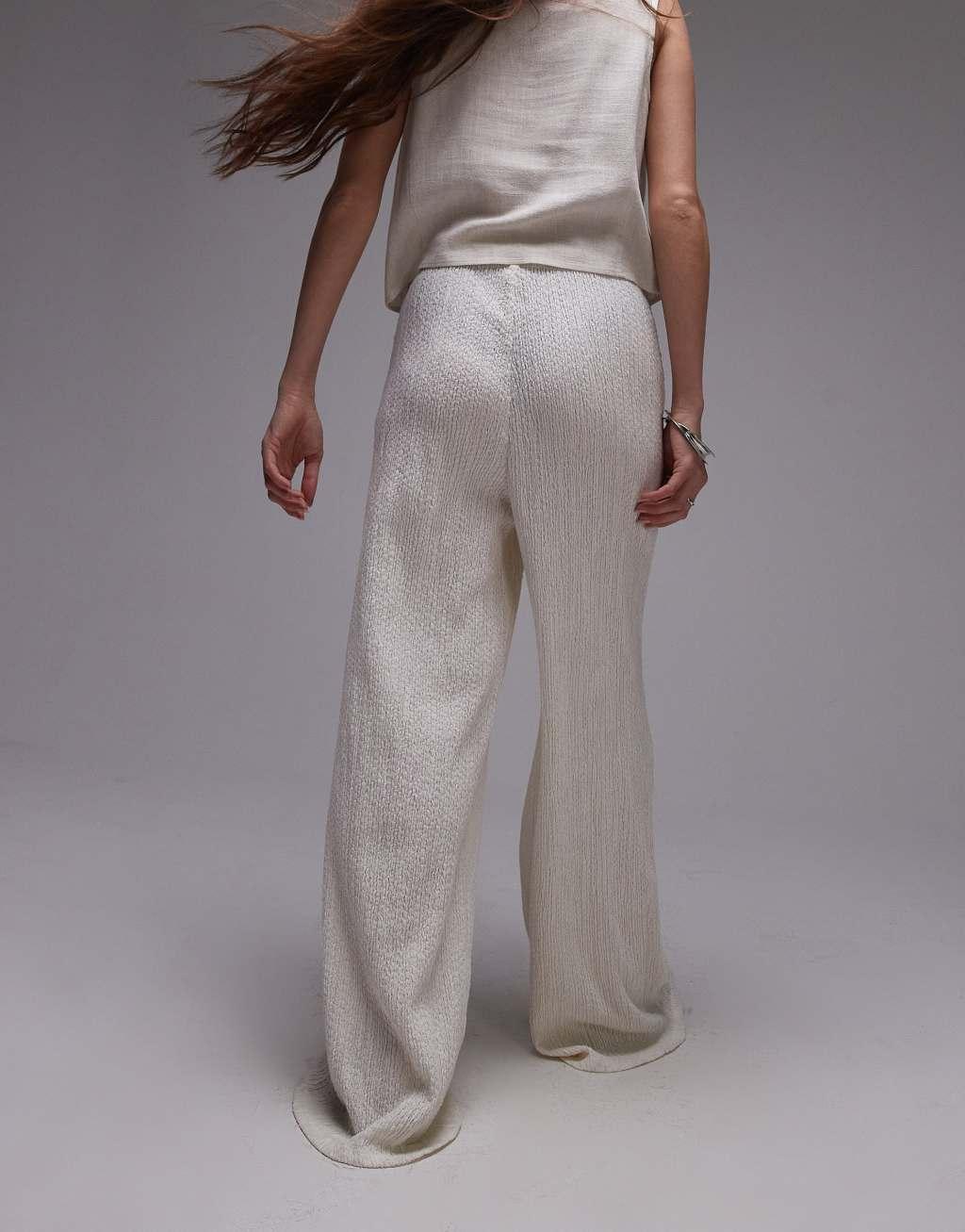 Topshop textured beachy wide leg pants in cream Product Image