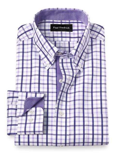 Non-Iron Cotton Check Dress Shirt With Contrast Trim - Purple Product Image