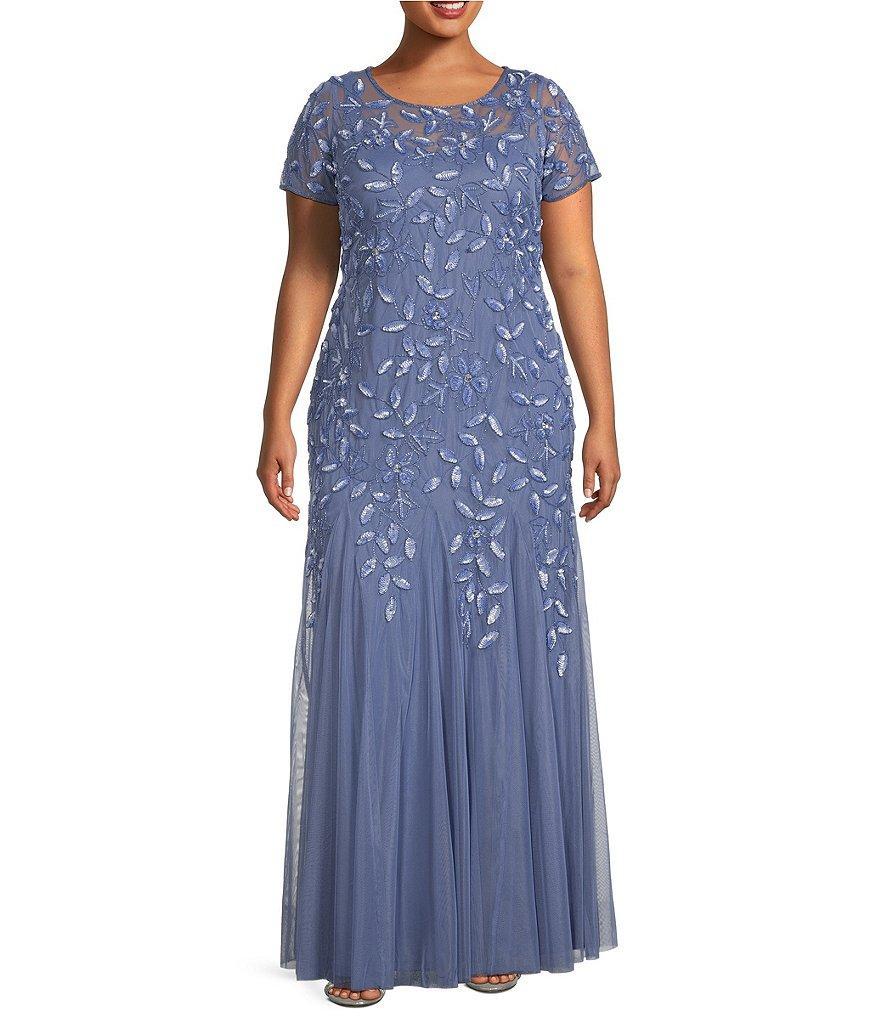 Adrianna Papell Plus Size Short Sleeve Illusion Crew Neck Godet Skirt Beaded Mesh Gown Product Image