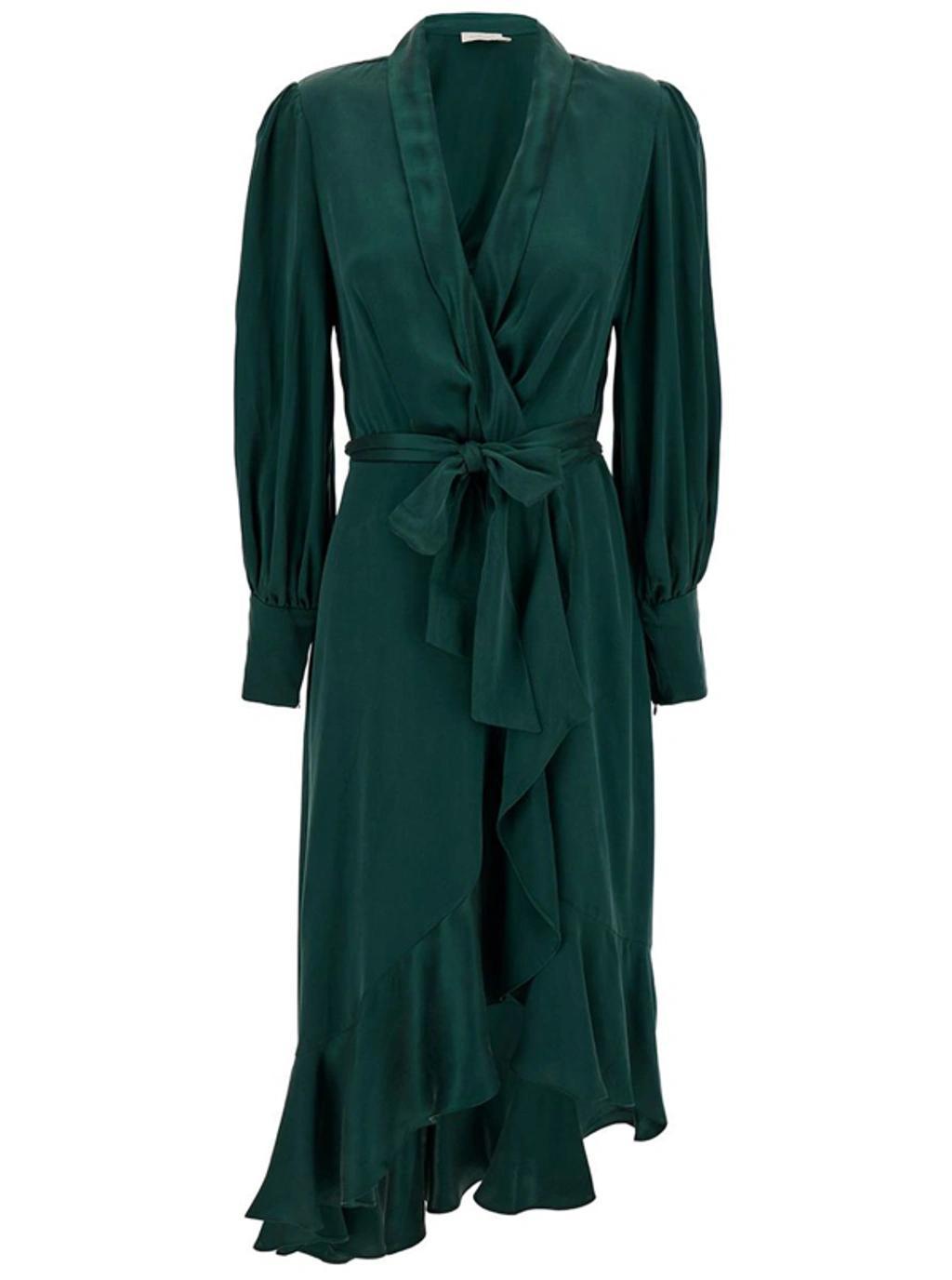 Green Ruffled-trim Silk Wrap Dress Product Image