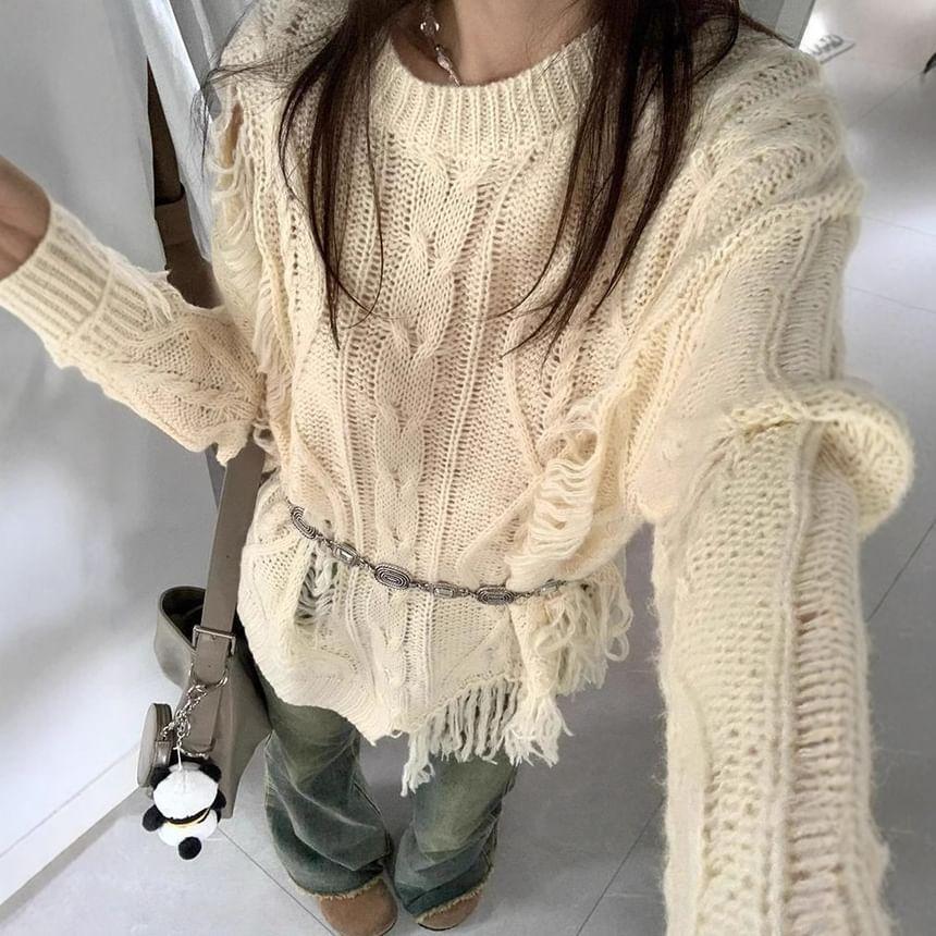 Cold Shoulder Plain Fringe Asymmetrical Cable Knit Sweater product image