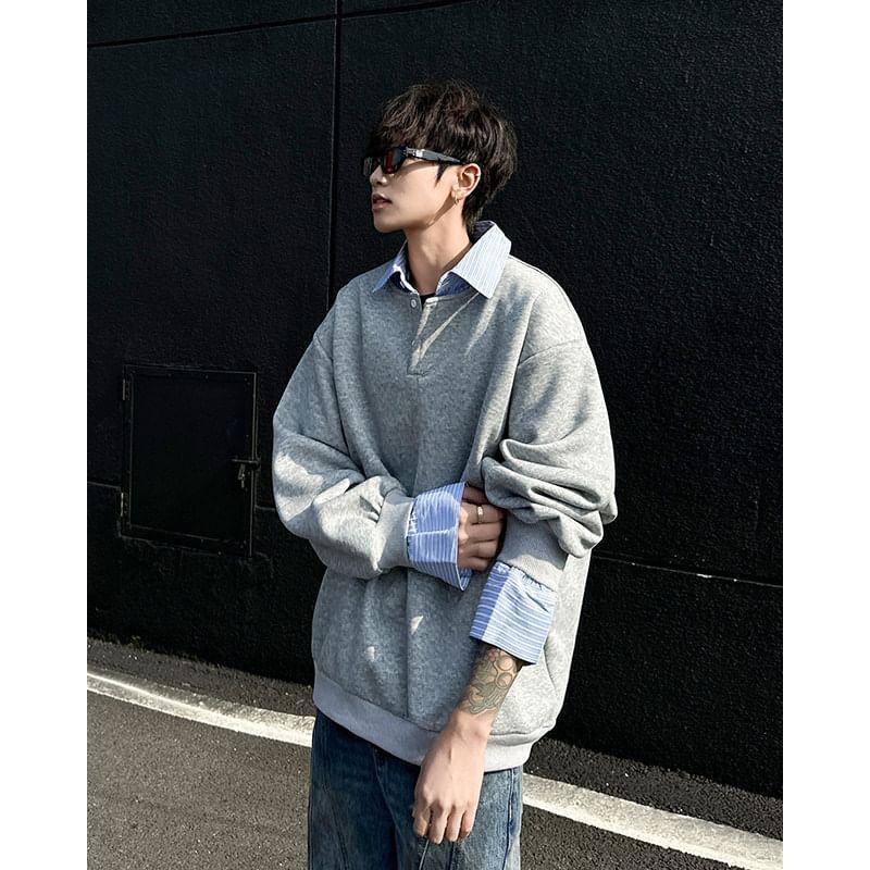 Collared Mock Two-Piece Striped Panel Sweatshirt Product Image