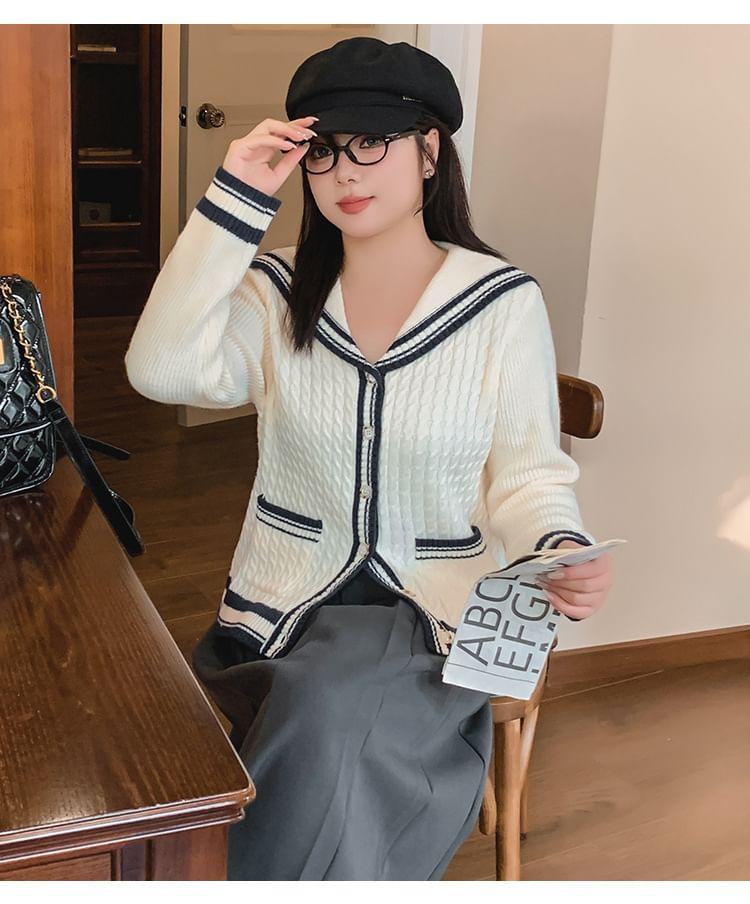 Sailor Collar Striped Cable Knit Cardigan Product Image