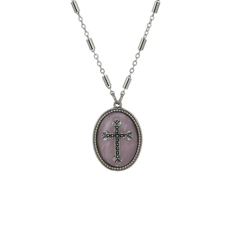 Symbols of Faith Silver Tone Stone With Pewter Cross Necklace, Womens, Pink Product Image