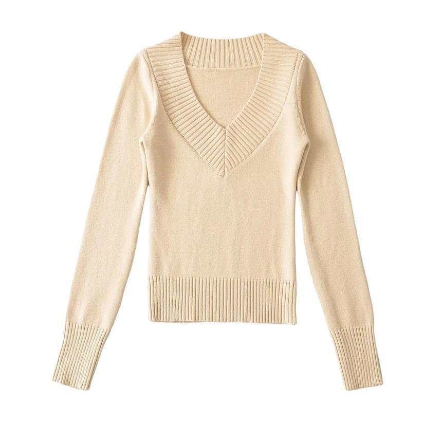 Long-Sleeve V-Neck Plain Knit Top Product Image