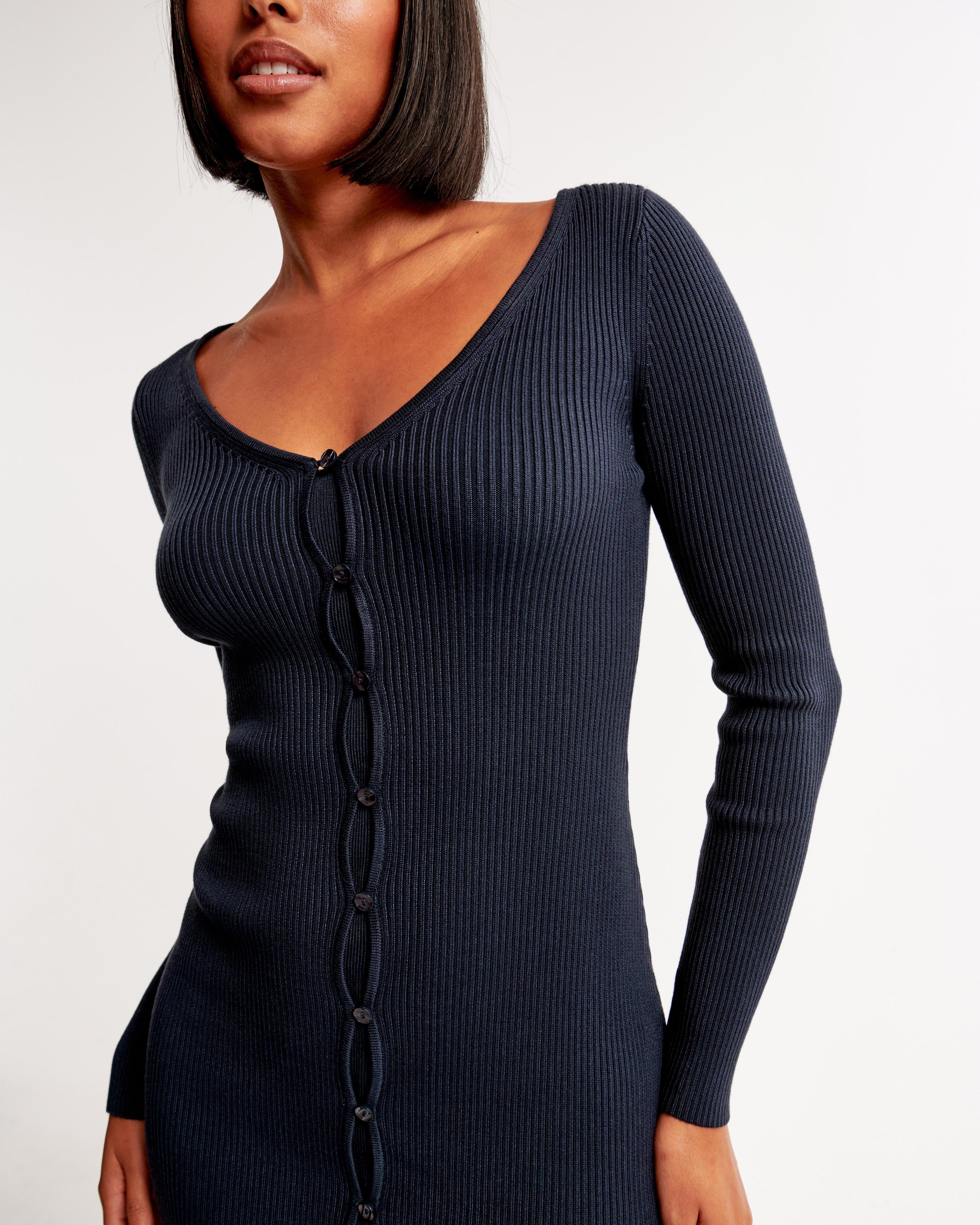 Long-Sleeve Deep-V Mini Sweater Dress Product Image