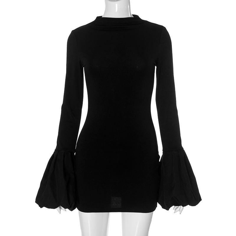 Flare-Sleeve Crewneck Plain Mini Bodycon Dress Product Image