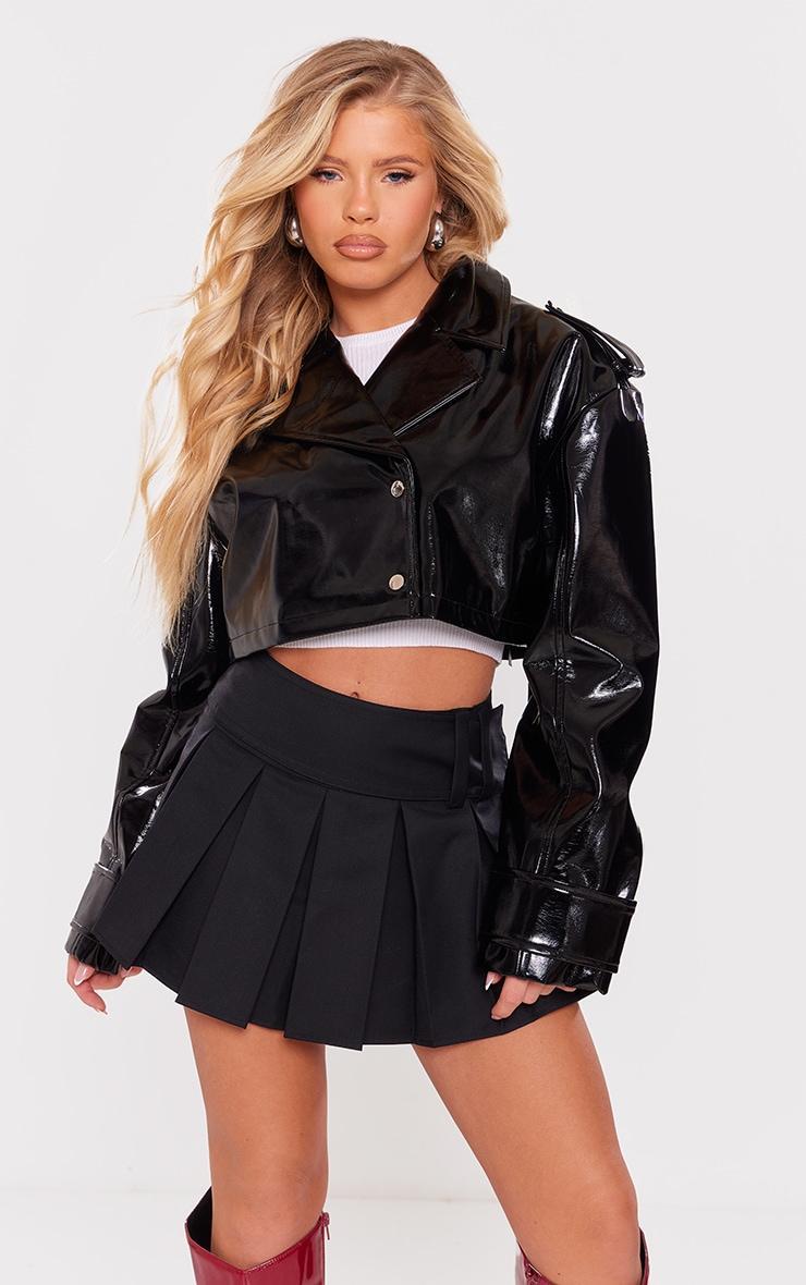 Black Patent Faux Leather Cropped Trench Product Image