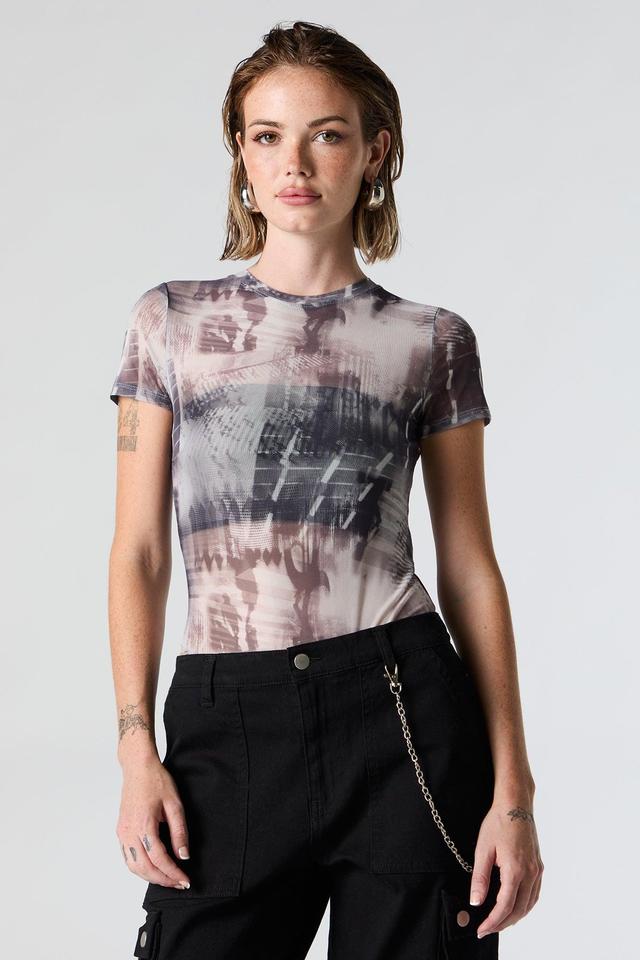 Abstract Print Mesh Short Sleeve Bodysuit Female Product Image