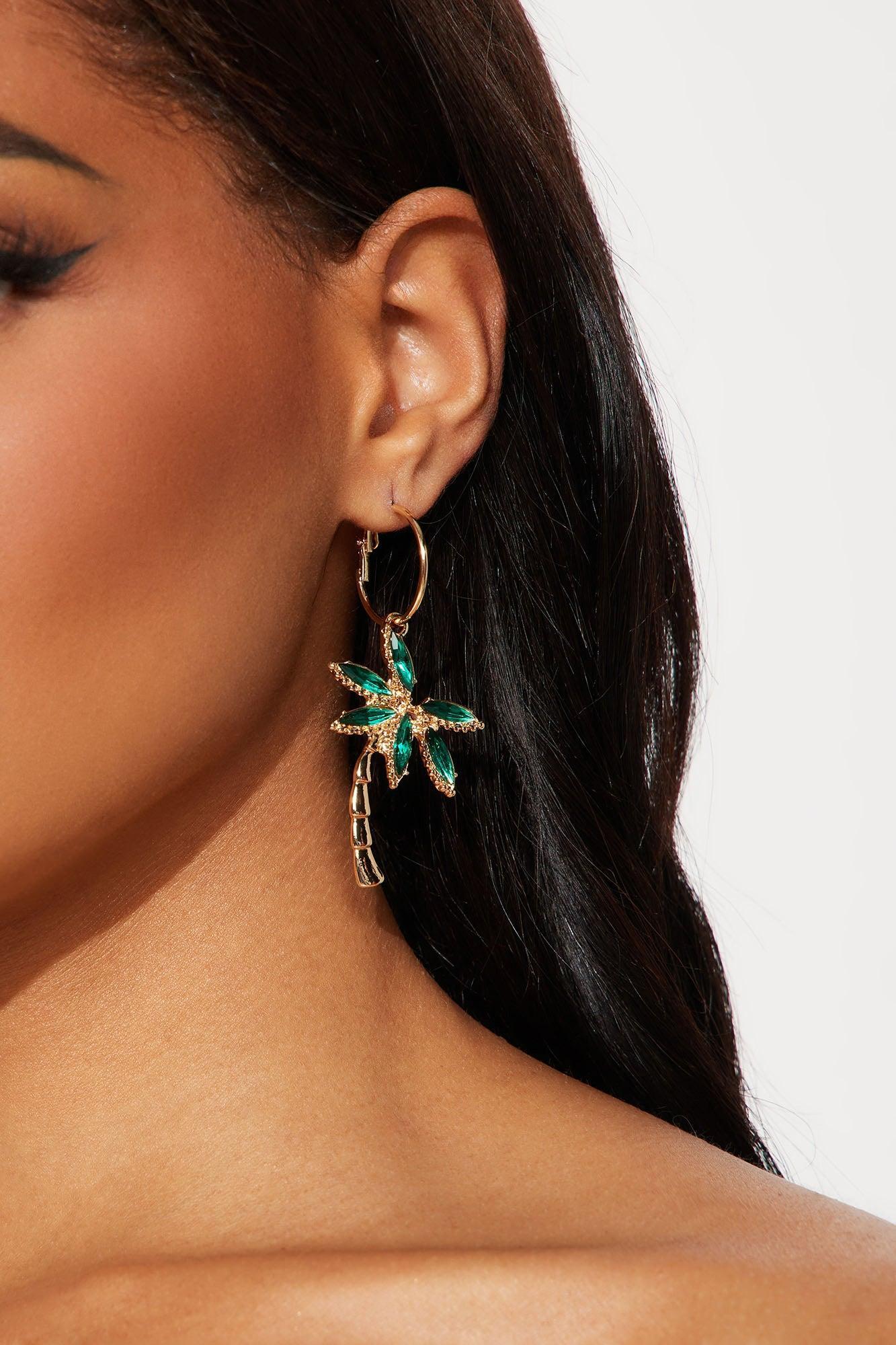 Feel The Breeze Palm Tree Earrings - Gold/Green Product Image