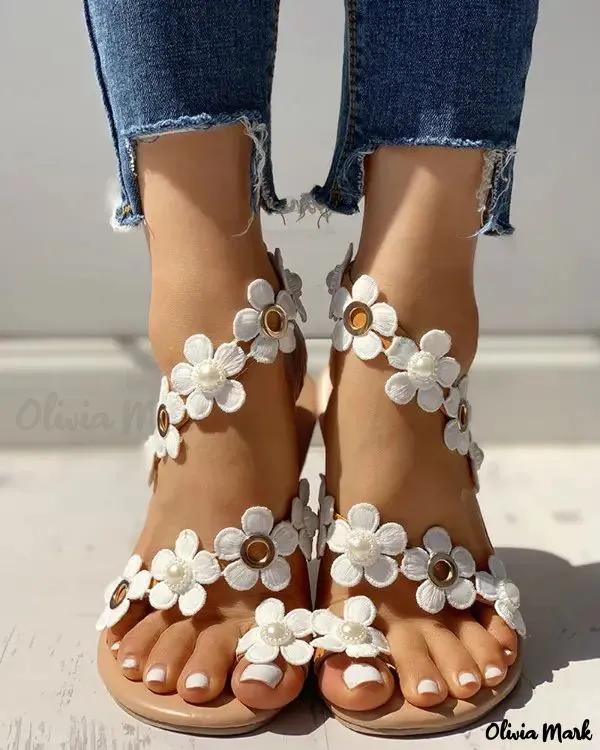 Olivia Mark – Flower Embellished Toe Ring Casual Sandals Product Image