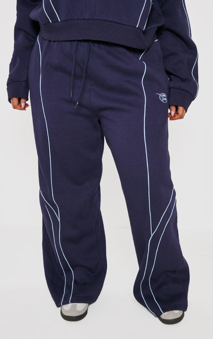 PRETTYLITTLETHING Plus Navy Embroidered Contrast Piping Straight Leg Sweatpants Product Image