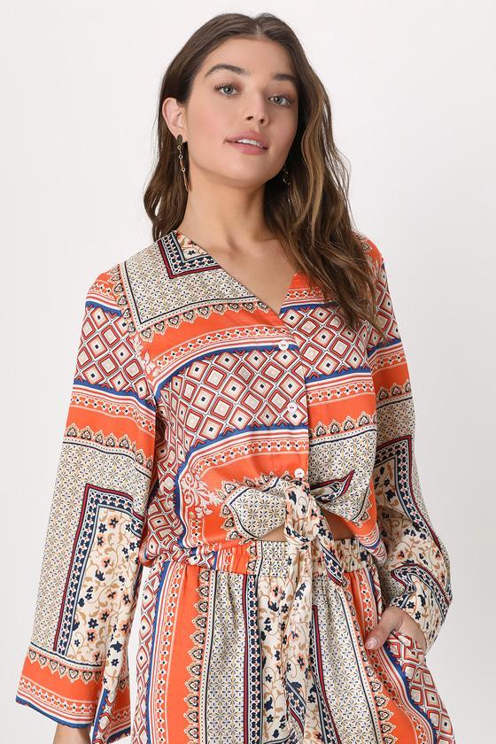 Moments in Mykonos Orange Scarf Print Tie-Front Long Sleeve Top Product Image