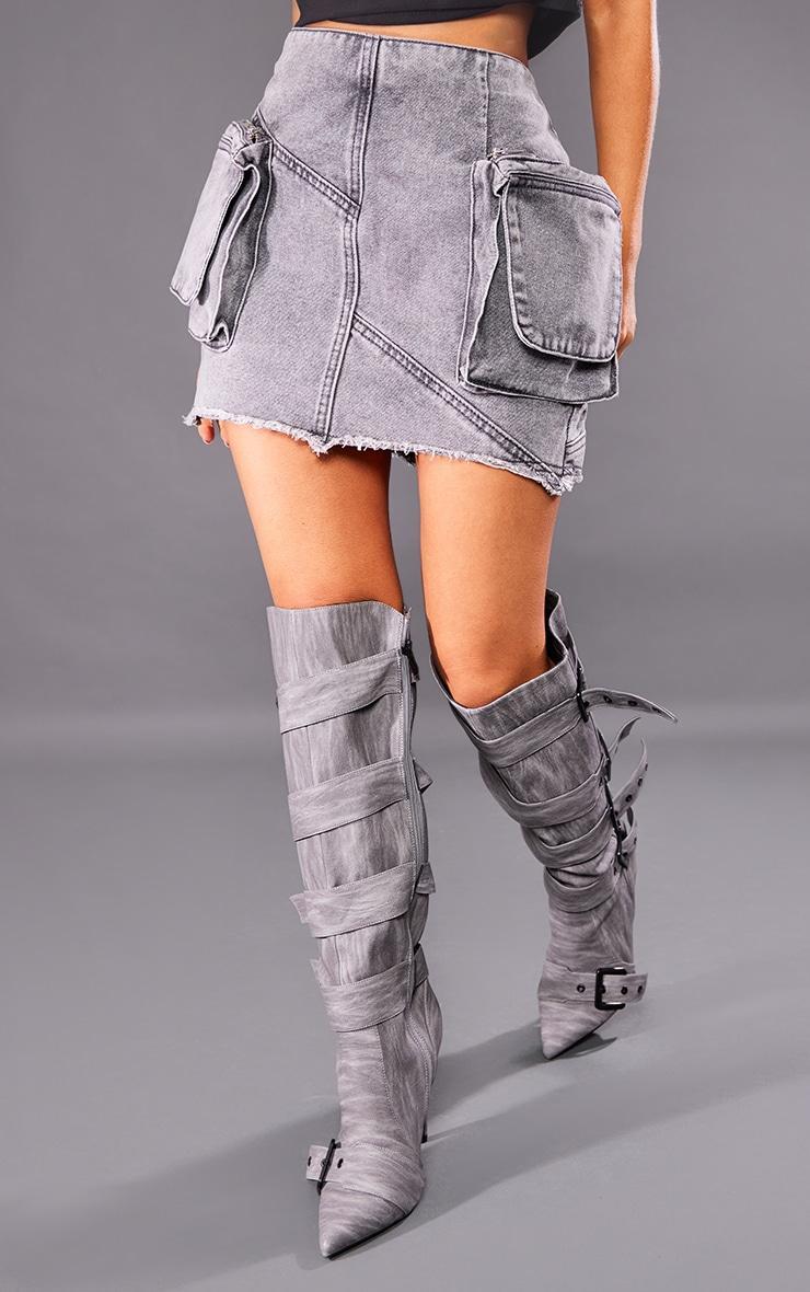 Petite Washed Grey Cargo Pocket Detail Mini Skirt Product Image