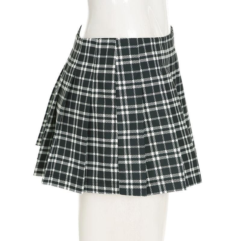 Low Waist Plaid Mini Pleated Skirt Product Image