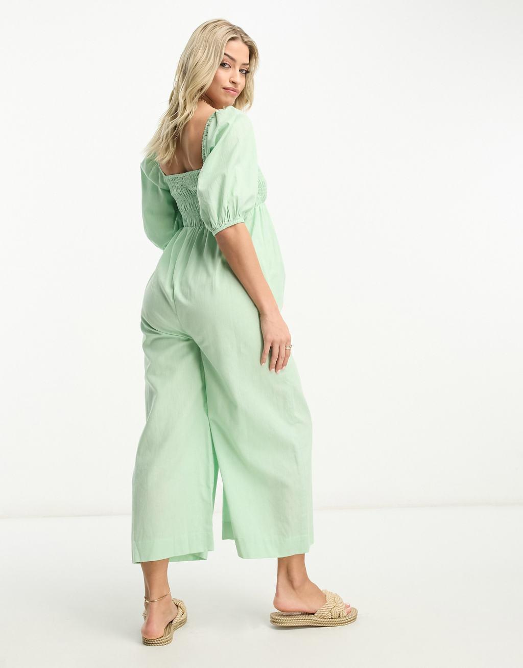 ASOS DESIGN Maternity linen look shirred puff sleeve jumpsuit in sage Product Image