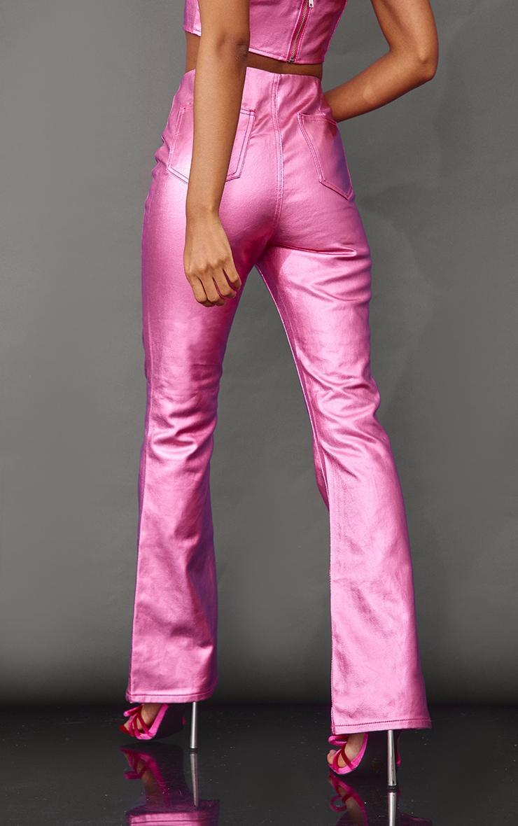 Bright Pink Metallic Look Coated Denim Flare Jeans Product Image