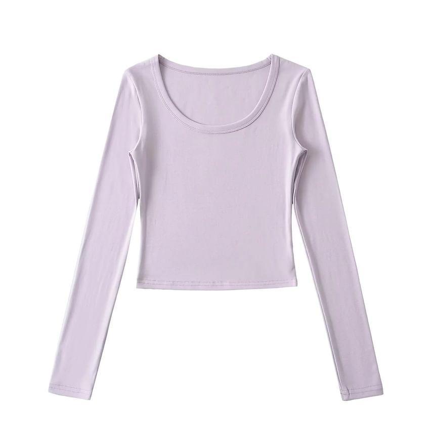 Long Sleeve Scoop Neck Plain Cropped T-Shirt Product Image