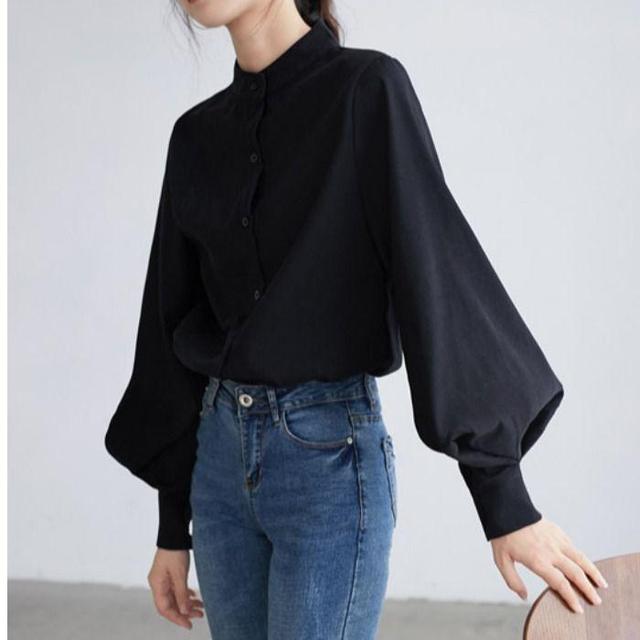 Balloon-Sleeve Long-Sleeve Mandarin-Collar Plain Blouse Product Image