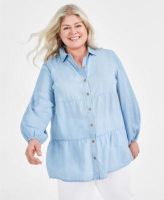 Plus Size Long-Sleeve Tiered Tunic Shirt, Created for Macy's Product Image