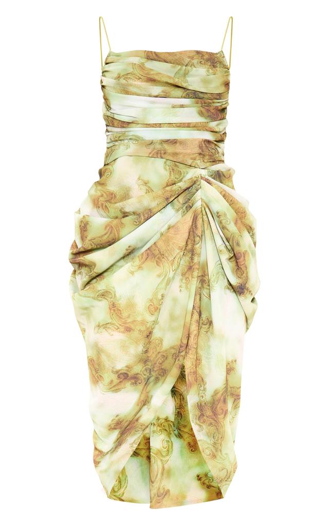 Green Print Chiffon Ruched Drape Midi Dress Product Image