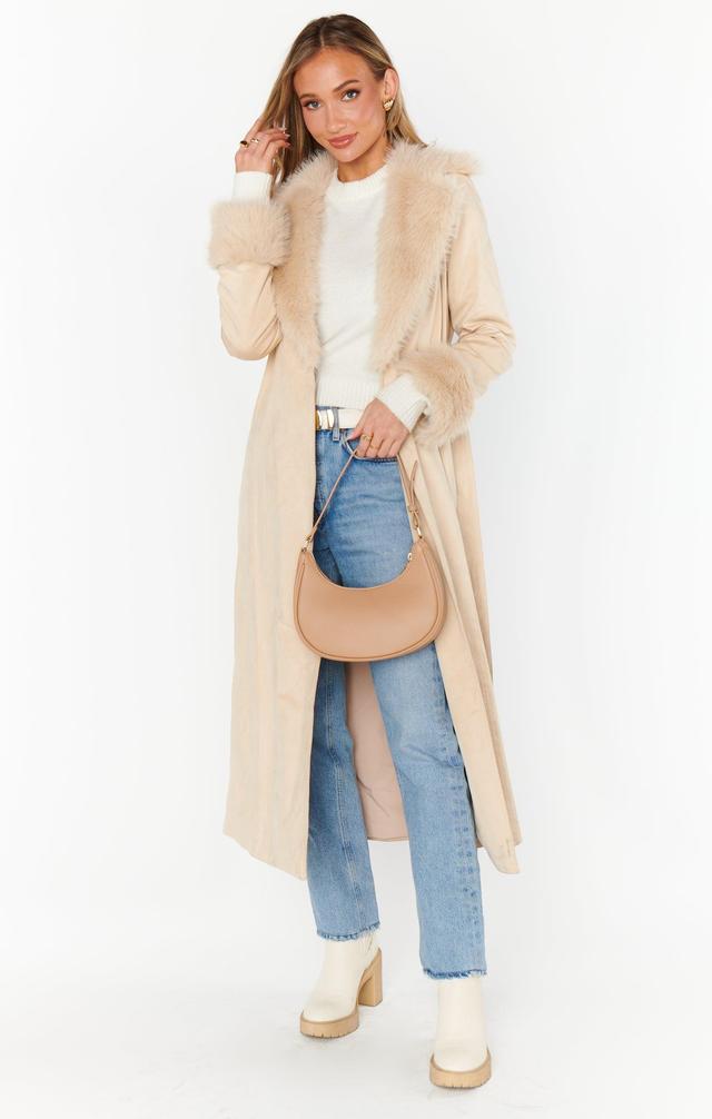 Penny Lane Long Coat ~ Beige Faux Suede with Faux Fur Product Image