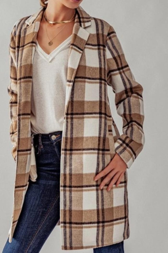 Open Front Long Flannel Plaid Coat Product Image