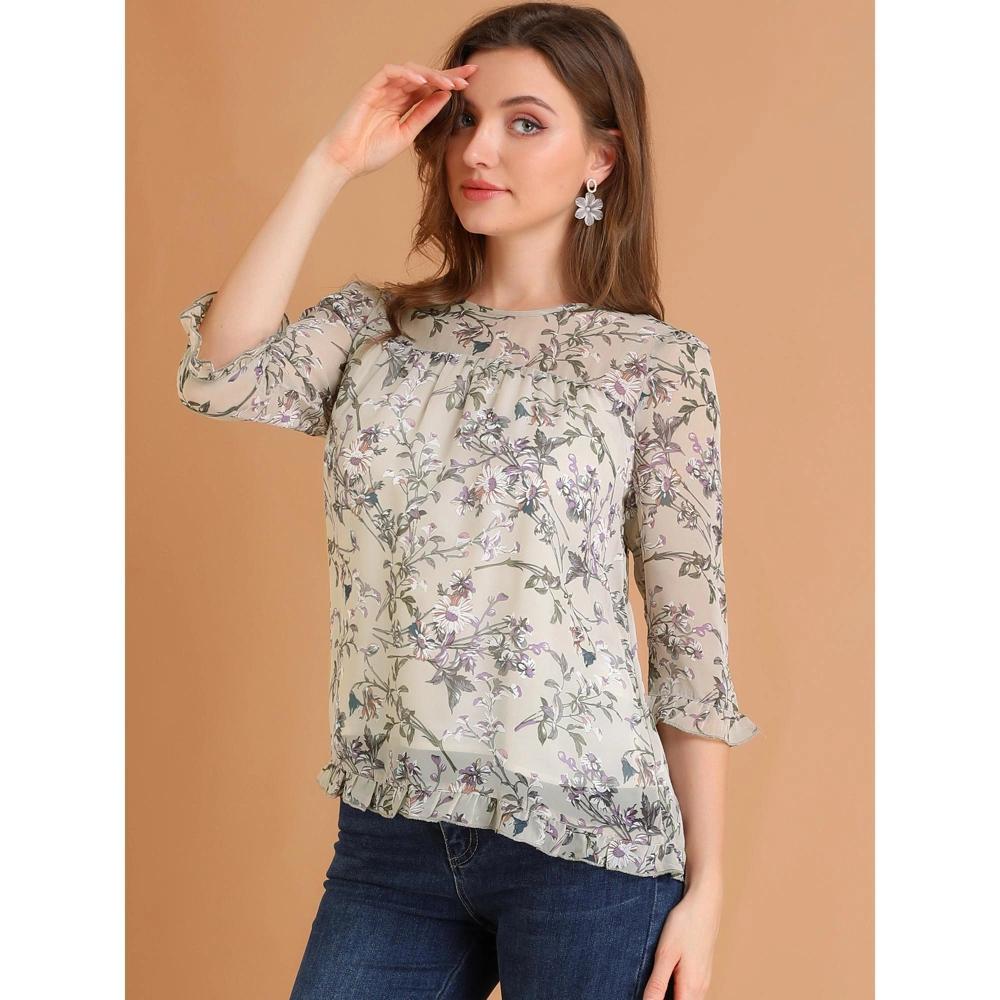 Allegra K Women's Round Neck Ruffle 3/4 Sleeve Floral Print Chiffon Blouse Grey Purple 3X-Large Product Image