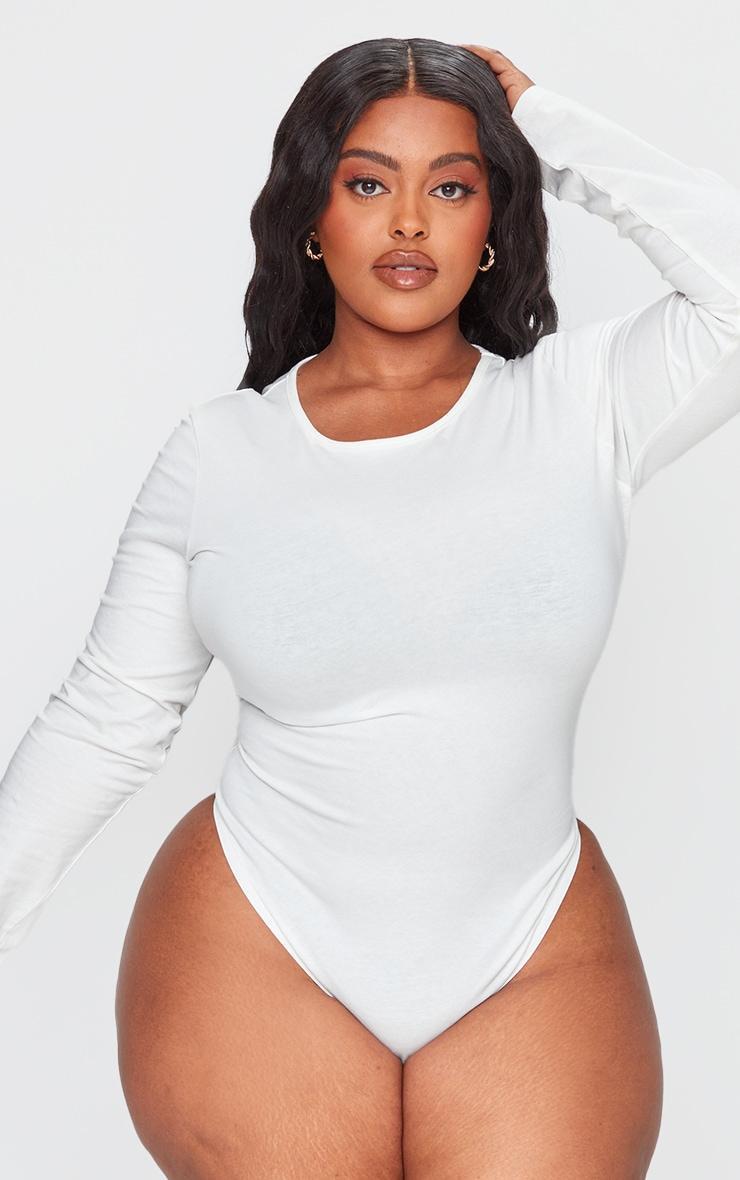 Plus Ecru Cotton Long Sleeve Bodysuit Product Image