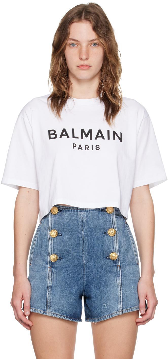 BALMAIN Logo Print Cropped T-shirt In White Product Image