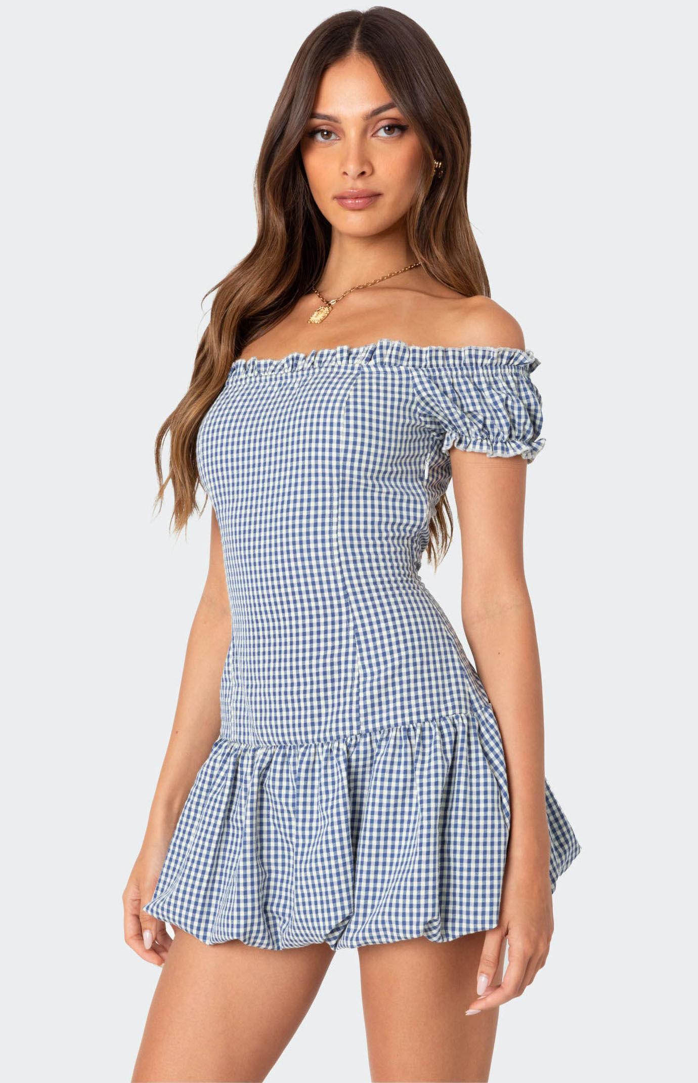 Edikted Women's Gingham Off Shoulder Bubble Mini Dress in Blue/White - product image