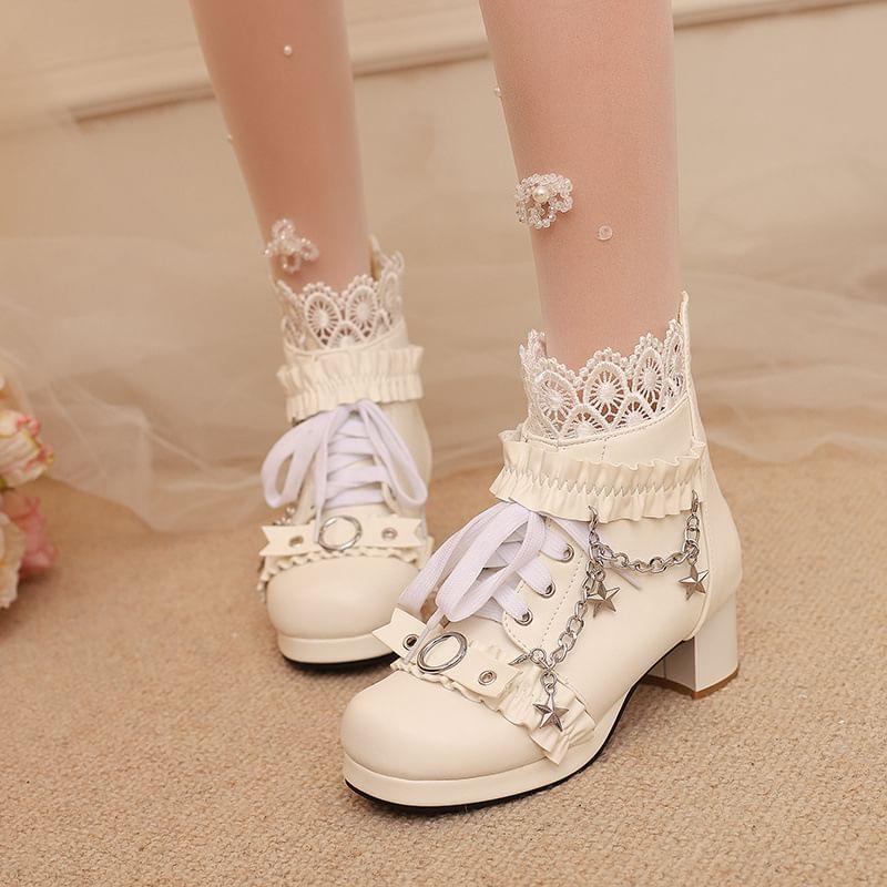 Chunky Heel Ruffled Lace-Up Short Boots Product Image