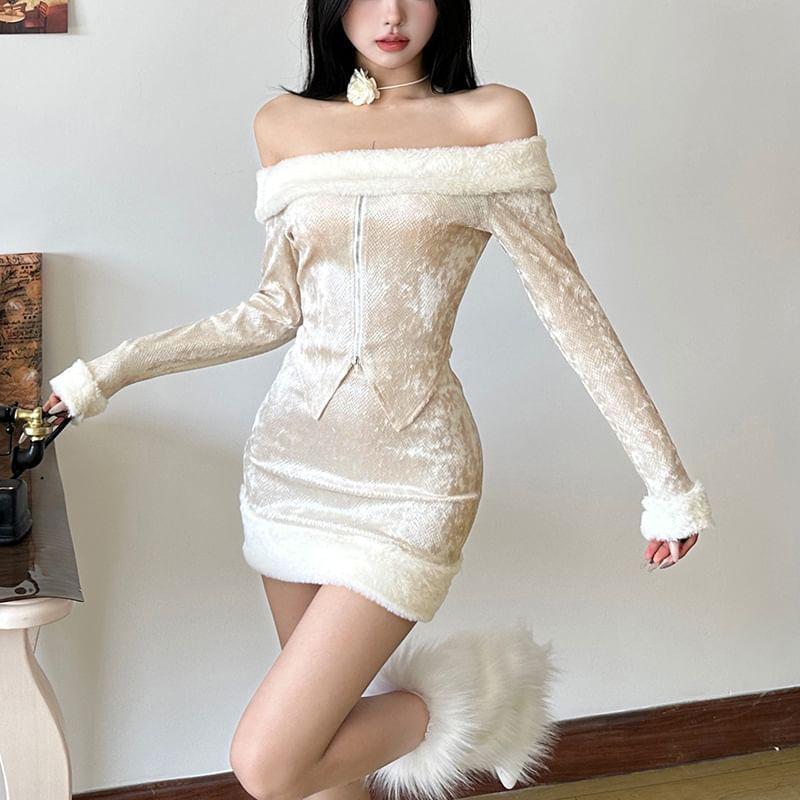 Long Sleeve Off-Shoulder Furry-Trim Zip-Up Slim-Fit Top / Low Rise Mini Pencil Skirt Product Image