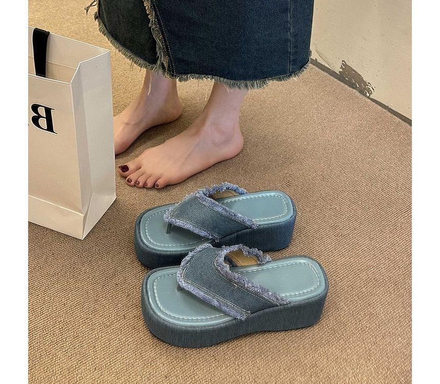 Fringed Trim Denim Platform Flip-Flops Product Image