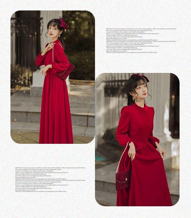 Long Sleeve Stand Collar Plain Button Panel Lace Maxi A-Line Dress Product Image