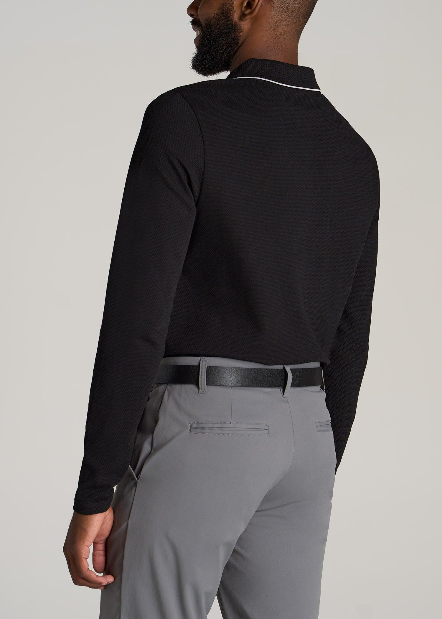 Long Sleeve Polo Shirt for Tall Men in Black & White Male Product Image