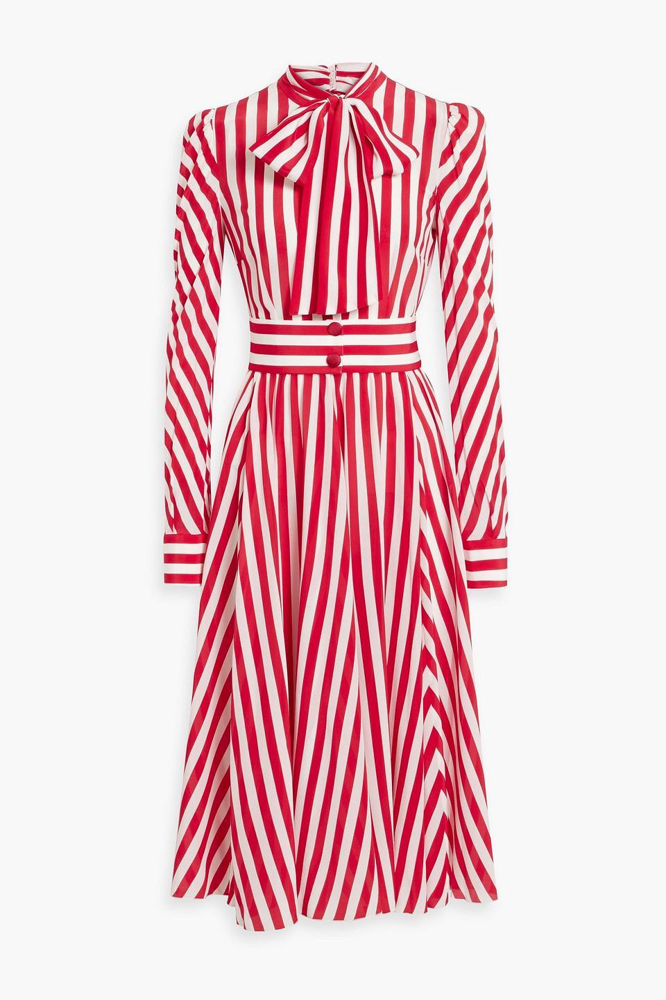 DOLCE & GABBANA Pussy-bow Striped Silk-crepe Midi Dress In Red Product Image