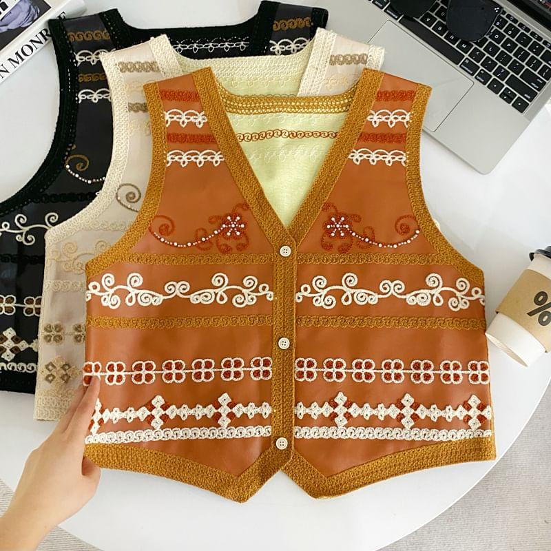 V-Neck Floral Embroidered Button-Up Faux Leather Crop Vest Product Image