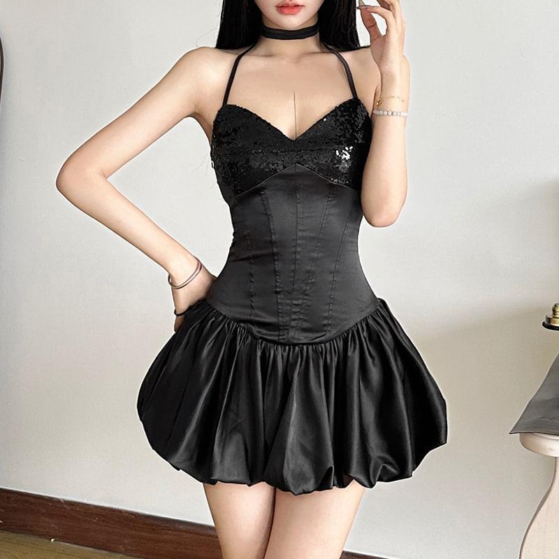 Halter Plain Sequin Panel Satin Mini A-Line Balloon Dress Product Image