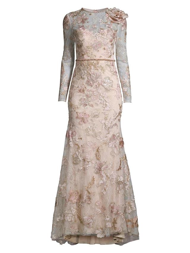 Mac Duggal Floral Lace Embroidered Crew Neck Long Sleeve Gown Product Image