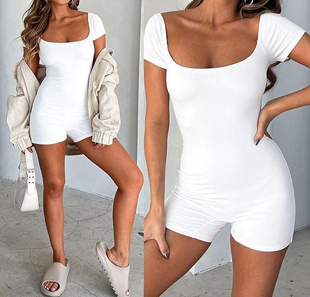 Short-Sleeve Square-Neck Plain Romper Product Image