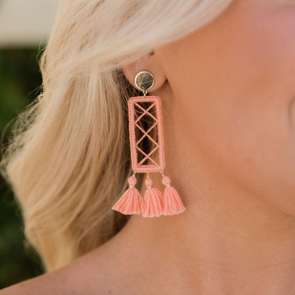 Confident Energy Coral Rectangle Fringe Earrings FINAL SALE Product Image