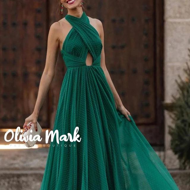 Olivia Mark – Polka Dot Criss Cross Halter Neck Prom Dress Product Image