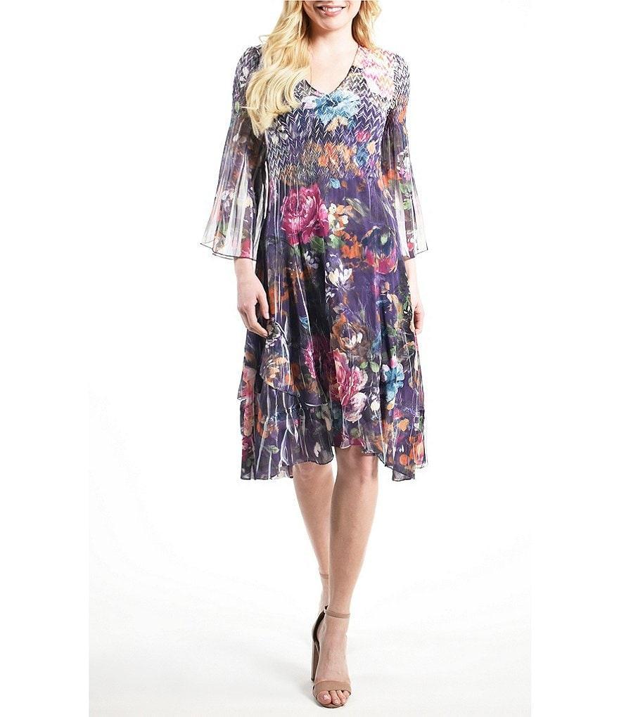 Komarov Floral Print V-Neck Pleated 3/4 Sleeve Chiffon Dress Product Image