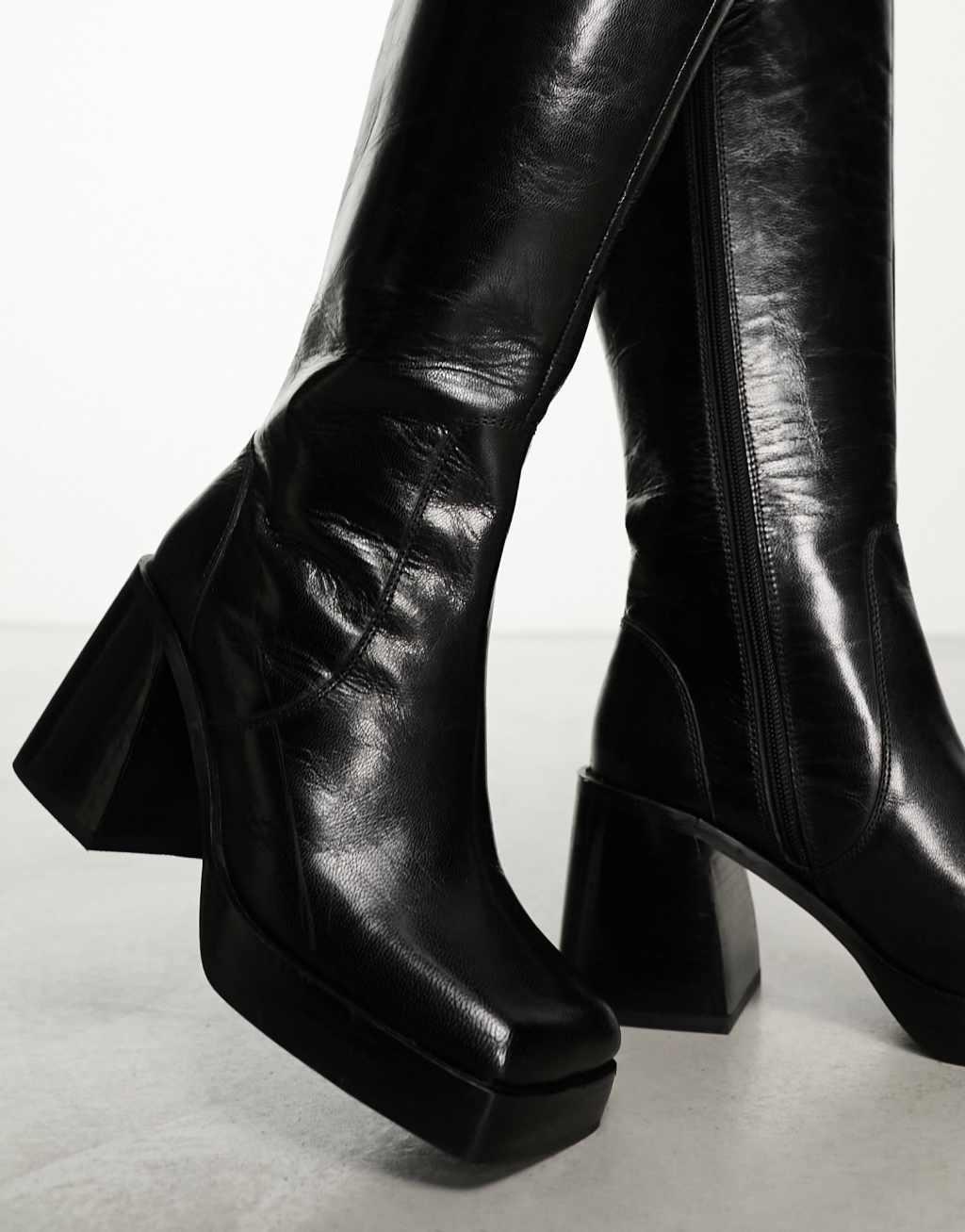 ASOS DESIGN Cascade leather knee boots in black Product Image