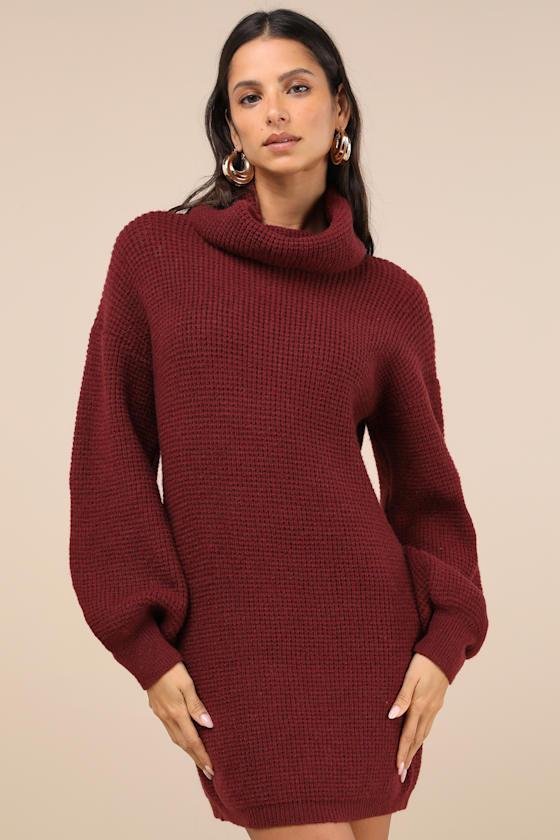 Casual Coziness Burgundy Waffle Knit Cowl Neck Sweater Dress product image