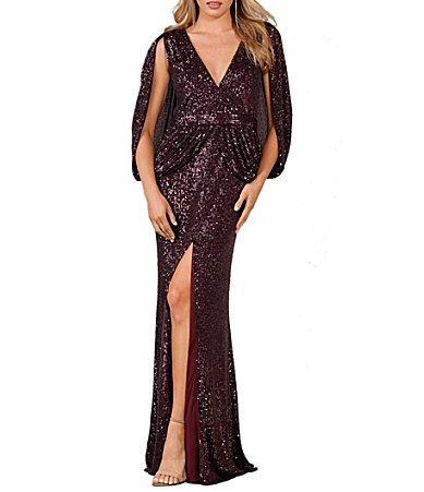 Terani Couture Sequin Deep V-Neck 34 Drape Sleeve Front Slit Gown Product Image