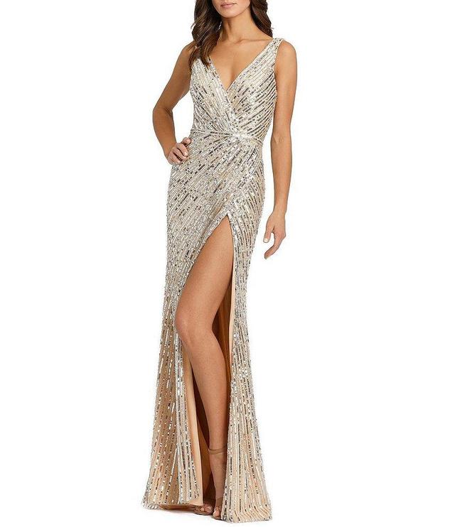 Mac Duggal Surplice V-Neck Sleeveless Fully Sequined Thigh High Slit Low Back Detail Faux Wrap Gown Product Image