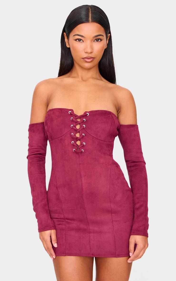 Burgundy Faux Suede Lace Up Detail Bardot Bodycon Dress Product Image